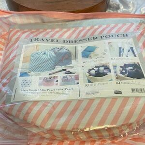 Striped Travel 8 piece set including the Dresser Pouch - Pink & White